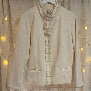 Chico's Cream Textured Blazer with Ruffle Trim